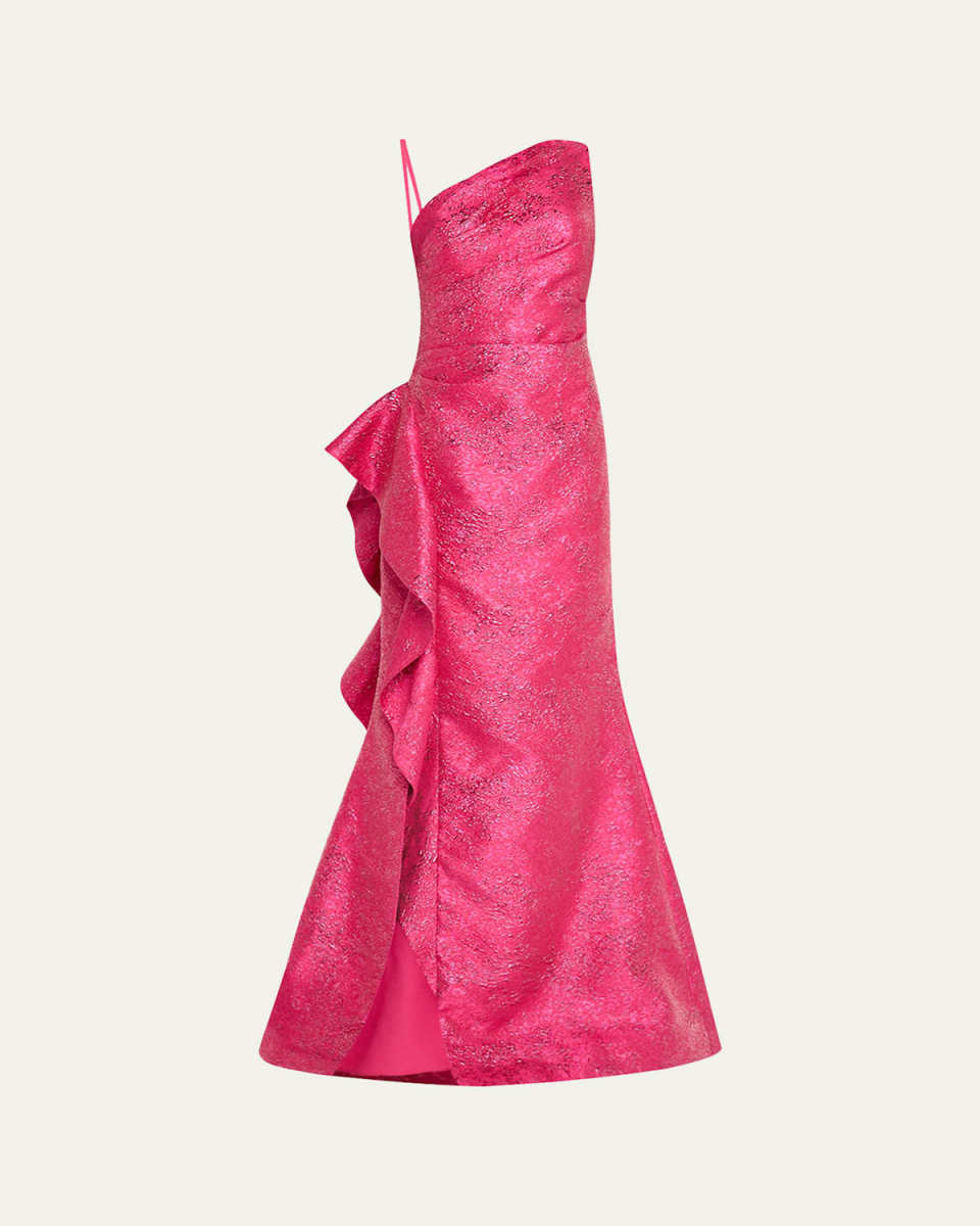 One-Shoulder Metallic Jacquard Trumpet Gown